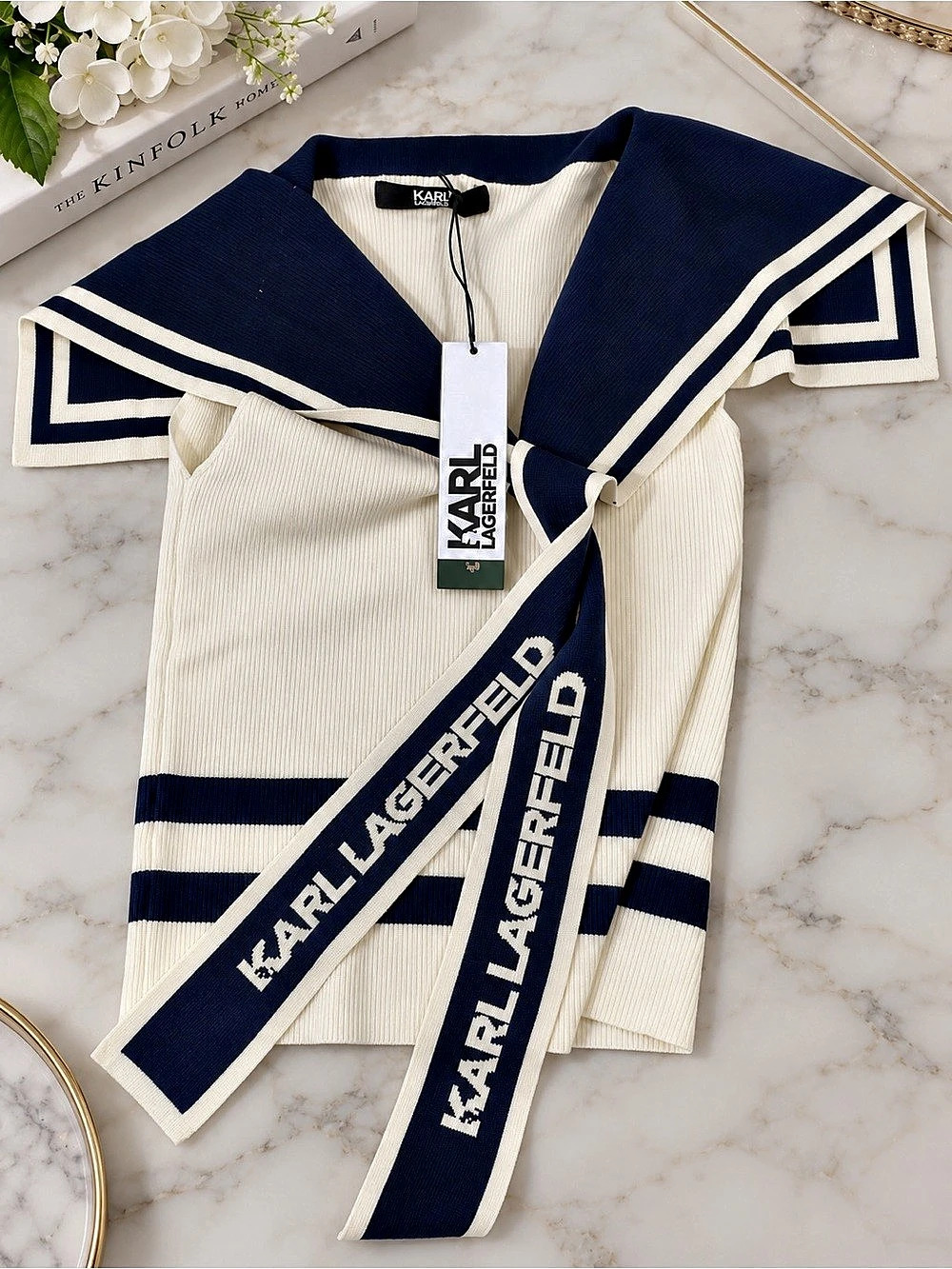 Karl Lagerfeld Striped Sailor Sweater in White & Blue Size Medium NWT - Picture 2 of 3